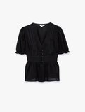 Pamuklu Slim Fit V Yaka Dantelli Kısa Balon Kollu Bluz