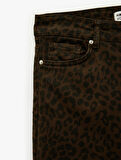 Cepli Yüksek Bel Leopar Desenli İspanyol Paça Jean Pantolon - Flare Jeans