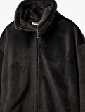 Fermuarlı Dik Yaka Uzun Kollu Suni Kürk Oversize Ceket