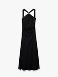 Slim Fit Metal Aksesuarlı Halter Yaka Kolsuz Uzun Abiye Elbise