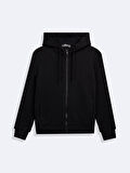 Fermuarlı Regular Kapüşonlu Düz Fit Siyah Sweatshırt
