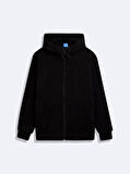 Uzun Kollu Kapüşonlu Fermuarlı Siyah Sweatshırt