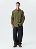 Uzun Kollu Önü Düğmeli Basic Yeşil Gömlek