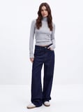 Slim Fit Ribanalı Uzun Kollu Mavi Sweatshırt