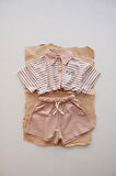 Koyu Bej Çizgili Koala Nakışlı Polo Yaka  Şortlu Takım