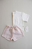 Pembe Kontrast Dikişli Asimetrik Şortlu Takım
