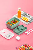 Porsima 3191 Vakumlu Kendinden Kaşık Çatallı Sosluklu Bölmeli Beslenme Çantası - Taşınabilir 2 Katlı Lunch Box - Sefer Tası 1200 Ml Yeşil