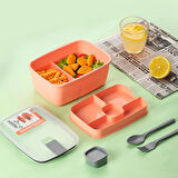 Porsima 3193 Vakumlu Kendinden Kaşık Çatallı Sosluklu Bölmeli Beslenme Çantası - Taşınabilir 2 Katlı Lunch Box - Sefer Tası 1200 Ml Somon