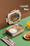 Porsima 3011-1 Paslanmaz Çelik 3 Bölmeli Vakumlu Yemek Termosu Beslenme Kutusu Taşınabilir Lunch Box Sefer Tası - krem