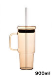 Porsima 3483-1 Vakumlu Kapaklı Pipetli ve Kulplu Bardak 900ml Cam Termos Mug