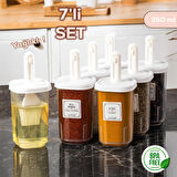 Porsima 4365 7 li Kaydırmalı Kaşıklı Sızdırmaz Kapaklı Etiketli Baharatlık Seti - Saklama Kabı Beyaz