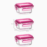 Porsima 4374 3 lü Kilitli Sızdırmaz Kapaklı Yiyecek Erzak Saklama Kabı Seti - Cam Saklama Kabı - 150ml Pembe