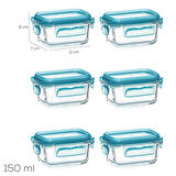 Porsima 4376 6lı Sızdırmaz Kilit Kapaklı Yiyecek Erzak Saklama Kabı Seti - Cam Saklama Kabı - 150ml Mavi