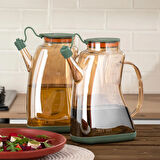 Porsima 3855 Şeffaf Borosilikat Cam Zeytinyağ Şişesi - 2li Yağlık ve Sirkelik Seti Yeşil 1lt