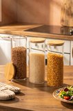 Porsima 3-3 Bambu Vakumlu Kapaklı Yuvarlak Borosilikat Cam 3lü Saklama Kabı 1650ml 10x25cm