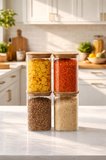 Porsima 6-4 Bambu Vakumlu Kapaklı Kare Borsilikat Cam 4lü Kavanoz Seti Saklama Kabı 1250ml 9,5x15cm