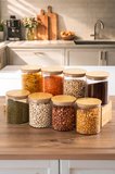 Porsima 1-4 Bambu Vakumlu Borosilikat Kapaklı Yuvarlak Cam 8li Kavanoz Seti Saklama Kabı 750ml 10x12cm