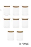 Porsima 1-4 Bambu Vakumlu Borosilikat Kapaklı Yuvarlak Cam 8li Kavanoz Seti Saklama Kabı 750ml 10x12cm