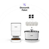 Xenon Smart Akıllı Çelik Hazneli Mama Kabı Akıllı Otomatik Şarj Edilebilir Bataryalı Su Pınarı ve Yedek Filtre 3'lü Pet Seti