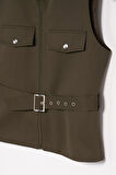 Kadın Haki Dik Yakalı Apoletli Kemerli Yelek