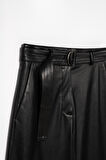 Kadın Siyah Deri Varil Pantolon