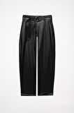 Kadın Siyah Deri Varil Pantolon