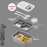 Porsima 3194 Vakumlu Kendinden Kaşık Çatallı Sosluklu Bölmeli Beslenme Çantası - Taşınabilir 2 Katlı Lunch Box - Sefer Tası 1200 Ml Gri
