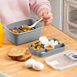 Porsima 3194 Vakumlu Kendinden Kaşık Çatallı Sosluklu Bölmeli Beslenme Çantası - Taşınabilir 2 Katlı Lunch Box - Sefer Tası 1200 Ml Gri
