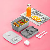 Porsima 3194 Vakumlu Kendinden Kaşık Çatallı Sosluklu Bölmeli Beslenme Çantası - Taşınabilir 2 Katlı Lunch Box - Sefer Tası 1200 Ml Gri