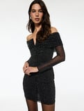 Koton X Sibil Çetinkaya - Kayık Yaka Uzun Kollu Taşlı Bodycon Mini Abiye Elbise