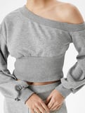 Slim Fit Asimetrik Yaka Korse Detaylı Uzun Kollu Crop Sweatshirt