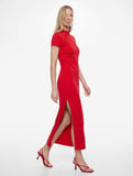 Slim Fit Kısa Kollu Yırtmaçlı Dik Yaka Qipao Yaka Midi Elbise