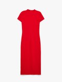 Slim Fit Kısa Kollu Yırtmaçlı Dik Yaka Qipao Yaka Midi Elbise