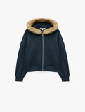 Şardonlu Cepli Rahat Kalıp Uzun Kollu Fermuarlı Suni Kürk Kapüşonlu Sweatshirt