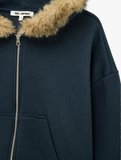 Şardonlu Cepli Rahat Kalıp Uzun Kollu Fermuarlı Suni Kürk Kapüşonlu Sweatshirt