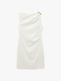 Keten Karışımlı Slim Fit Drapeli Yuvarlak Yaka Metal Aksesuarlı Kolsuz Mini Elbise