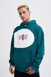 Erkek Printed and Patched Kapüşonlu Sweatshirt Yağ Yeşili
