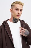 Erkek Basic Diagonal Fermuarlı Kapüşonlu Sweatshirt Koyu Kahverengi