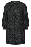 Büyük Beden Uzun Kollu Leopar Desenli Diz Üstü Elbise 285058