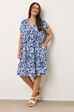 Büyük Beden V Yaka Kısa Kollu Cepli Çiçek Desenli Midi Elbise 616286
