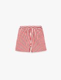 Pamuklu Rahat Kalıp Beli Bağcıklı Çizgili Mini Denim Şort