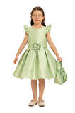 Pamina Kız Çocuk Çicekli Çantalı Abiye Elbise 3-7 Yaş Yeşil