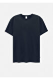 Jersey Lacivert Renk İpek Apreli Bisiklet Yaka T-shirt