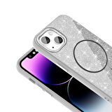 iPhone 14 Kılıf Magsafe Şarj Özellikli Parlayan Simli Okso Kılıf