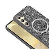 Galaxy S24 FE Kılıf Pırlanta Tasarımlı M-safe Şarj Özellikli Mozaik Silikon Kılıf