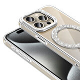 iPhone 15 Pro Kılıf Pırlanta Taş Tasarımlı M-safe Şarj Özellikli Karetta Silikon Kılıf