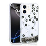 iPhone 12 / İphone 12 Pro Kılıf Sıvılı Simli Baskılı Şeffaf Arka Yüzey Mossa Silikon Kılıf