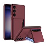 Galaxy S24 Suni Deri Arka Yüzey Sürgülü Kamera Korumalı Kartlıklı Kıpta Silikon Kılıf