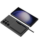 Galaxy S24 Ultra Suni Deri Arka Yüzey Sürgülü Kamera Korumalı Kartlıklı Kıpta Silikon Kılıf