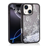 iPhone 15 Kılıf Sıvılı Simli Kelebek Baskılı Şeffaf Arka Yüzey Glis Silikon Kılıf